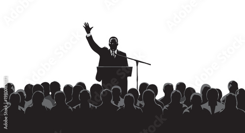 man speaking at podium to crowd silhouette isolated on white background leadership and public speaking concept