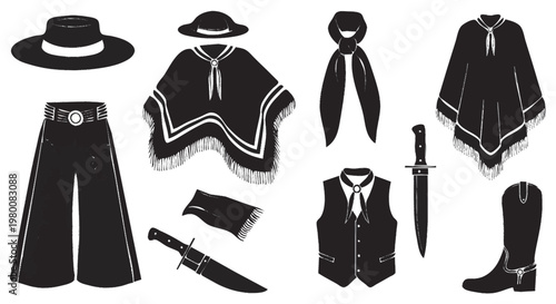 silhueta de ícones de roupas gaúchas poncho chapéu calca bota isolado em fundo branco cultura do rio grande do sul