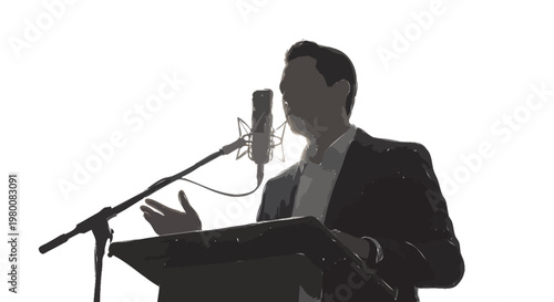 silhueta de homem falando no microfone em púlpito isolado em fundo branco conceito discurso e liderança