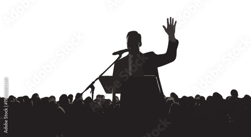 silhouette of man speaking into microphone at podium to a crowd public speaking leadership and communication isolated on white background