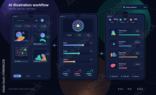 AI illustration workflow UI with creator dashboard