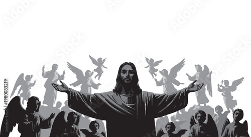 Silhueta de Jesus Cristo com anjos ao redor em conceito de fé, espiritualidade e religião cristã
