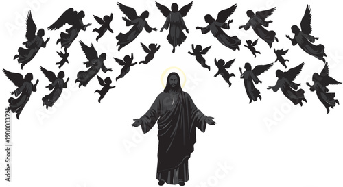 Silhueta de Jesus Cristo com anjos ao redor em conceito de fé, espiritualidade e religião cristã