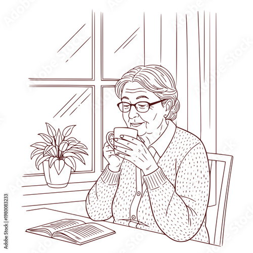Elderly woman enjoying tea while sitting by the window indoors  