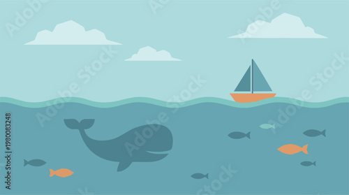 Minimalist ocean ecosystem with whale, fish, sailboat, and clouds