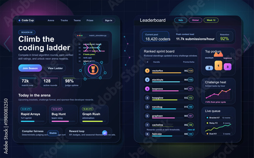 Competitive coding platform dashboard with leaderboard UI