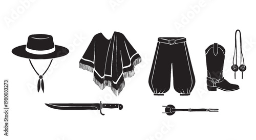 silhueta de ícones de roupas gaúchas poncho chapéu calca bota isolado em fundo branco cultura do rio grande do sul