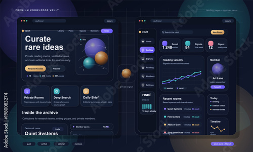 Premium knowledge vault landing page and member dashboard UI