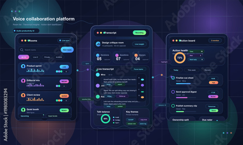 Voice collaboration platform UI with transcript dashboard