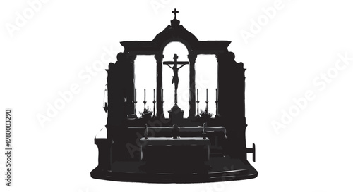Altar de Igreja com Cruz e Silhuetas de Fiéis — Interior Religioso Sagrado