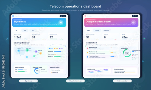Telecom network operations dashboard with outage board