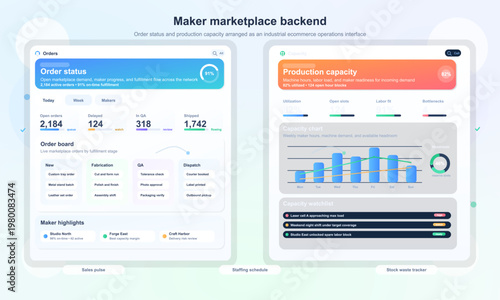 Maker marketplace dashboard UI with orders and production capacity