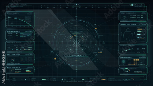 Futuristic tactical targeting interface with circular reticle, ballistic vector analysis, thermal body profile, armor estimate panels and high tech weapons system dashboard