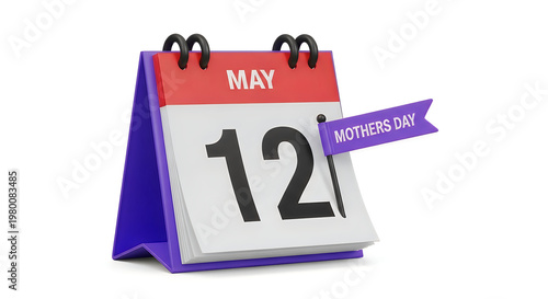 Mother's Day celebration with purple desk calendar marking May 12th date and festive ribbon