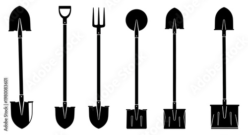Collection of silhouetted garden tools including various shovels spades and a pitchfork isolated on a white background representing manual labor and outdoor activities
