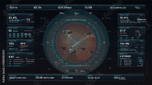 Futuristic planetary rover mission control HUD interface