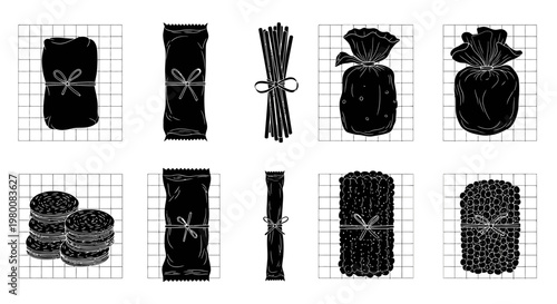 Diverse collection of silhouette food packaging and ingredients showcasing a variety of textures and shapes against a grid background perfect for culinary concepts and design