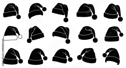 Collection of black silhouettes of santa claus hats with pom poms and faux fur trim isolated on white background representing christmas holiday season and festive spirit