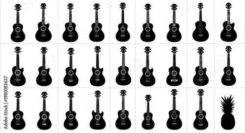 Collection of silhouetted ukuleles and a pineapple against a white background showcasing musical instruments and tropical fruit in a grid layout for diverse design applications