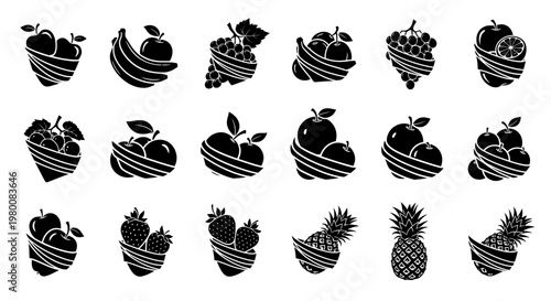 Collection of stylized black and white fruit icons including apples bananas grapes strawberries and pineapples presented in a clean modern vector graphic style on a white