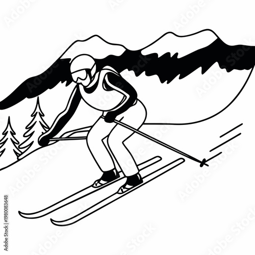 Flat Vector Illustration of Alpine Skier Racing Downhill in Snowy Mountains
Dynamic Alpine Skiing Sport Vector Illustration Winter Competition Scene