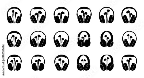 Collection of simple black silhouette icons representing headphones and earbuds arranged in a grid for easy use in digital design and technology concepts showcasing audio