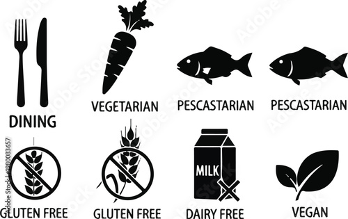 Dietary icons set with vegetarian, vegan, gluten-free, dairy-free, and pescatarian food symbols
