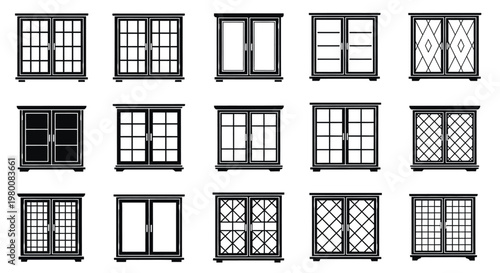Collection of diverse window designs and architectural elements featuring various pane configurations mullions and frame styles presented in a clean graphic illustration