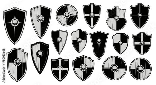 Collection of medieval viking shields in black and white various shapes and designs wood texture isolated on white background historical warfare protection gear graphic elements