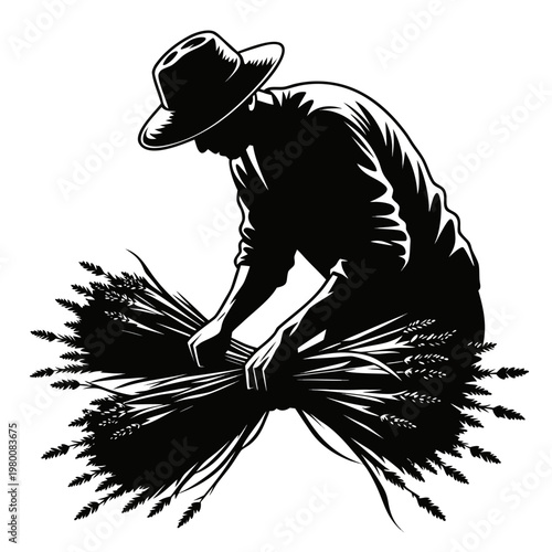 Farm worker harvesting wheat, agricultural laborer, rural scene, black and white vector
