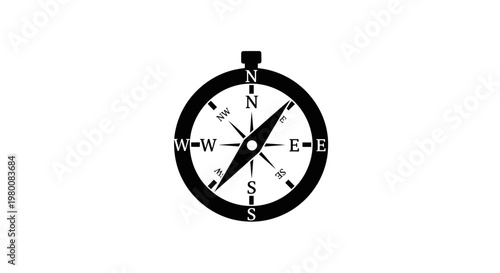 Classic black compass with detailed cardinal directions and needle pointing north isolated on a clean white background symbolizing navigation direction and exploration