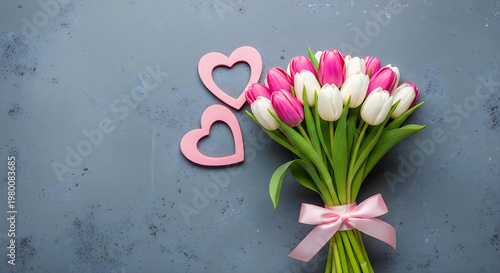 Pink tulip bouquet with heart cutouts for Mother's Day celebration on gray background