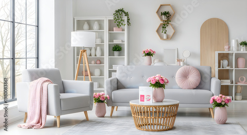 Cozy modern living room with pastel decor and floral arrangements for Mother's Day celebration