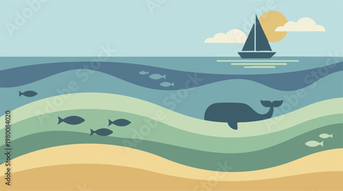 Minimalist seascape illustration with sailboat, whale, fish, and beach