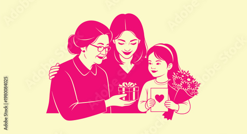 Three generations of women celebrating Mother's Day with gifts, flowers, and heart card illustration