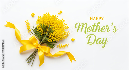 Bright Mother's Day bouquet with yellow mimosa flowers and decorative ribbon on light background