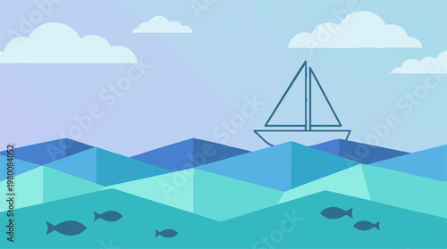 Minimalist geometric seascape illustration with sailboat, fish, and clouds