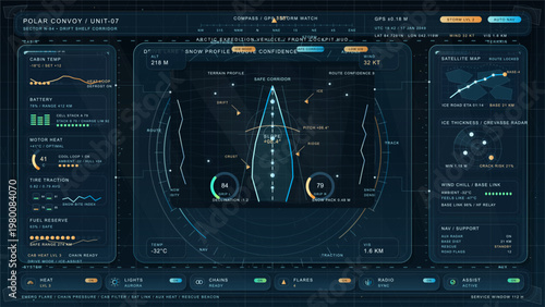 Futuristic arctic expedition vehicle cockpit interface with snow route guidance, satellite terrain map, ice thickness radar and winter survival telemetry panels