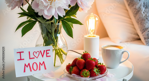 Cozy Mother's Day breakfast tray with fresh strawberries, tea, and heartfelt note in warm home setting