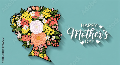 Elegant Mother's Day bouquet with pink roses, white peony, and baby's breath on teal background with greeting