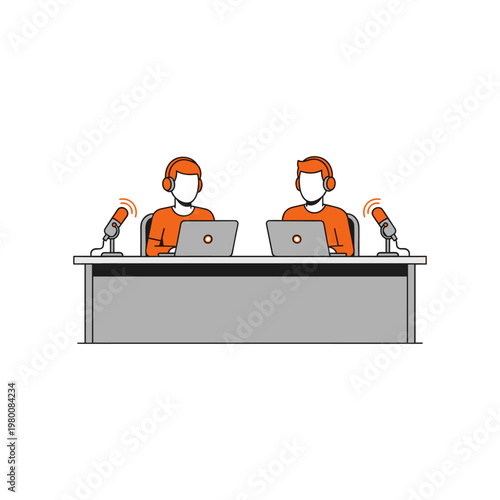 Two podcasters recording an episode together at their desk