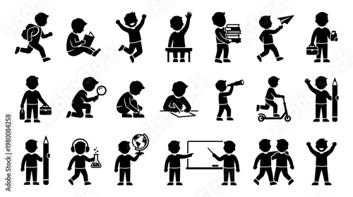 Playful School Boys Silhouette Icon Set 20 Kids Activities Solid Black Vector Collection