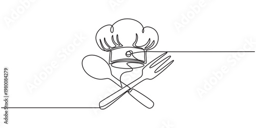 Continuous Line Drawing Chef Hat Spoon Fork Emblem. Professional Cooking Culinary Symbol Vector Art .Continuous Line Drawing Chef Hat Spoon Fork Emblem. one line Icon drawing with white background, 
