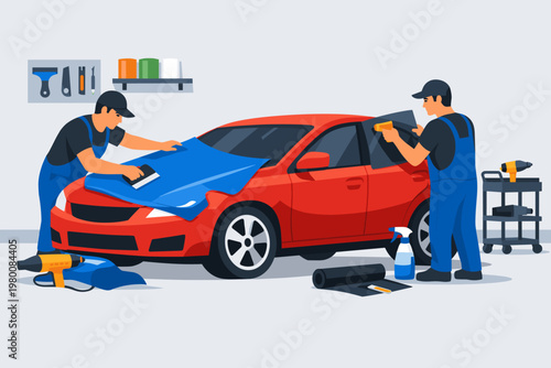 Professional Car Detailing Service with Two Mechanics Applying Blue Vinyl Wrap to a Red Sedan and Tinting Windows Using Specialized Tools Like Heat Guns and Squeegees in a Modern Garage Workshop.