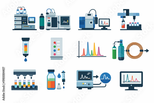 Chromatography Laboratory Analysis Instruments and Process Icons Set Featuring HPLC, Gas Chromatography, Mass Spectrometry, Vials, Syringes, and Data Graphs in a Simple Flat Vector Illustration