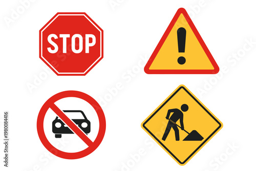 Free Download Collection of four essential traffic and road safety signs featuring a red stop sign, yellow warning exclamation mark, no entry for cars prohibition, and a men at work construction symbol icon. - GFXLoad