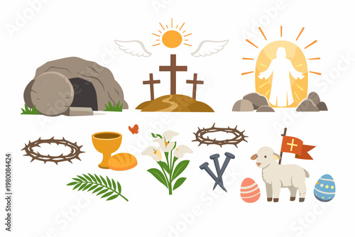 Comprehensive Collection of Religious Easter Symbols Featuring Empty Tomb, Three Crosses on Calvary, Resurrected Jesus, Crown of Thorns, Communion Cup, Bread, Palm Branch, Lilies, Nails, Lamb, and