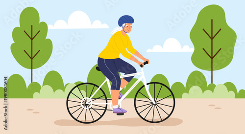Active senior woman riding a bicycle on a park path. Elderly person using a bike as eco-friendly transport. Healthy lifestyle, retirement movement, and aging concept.
