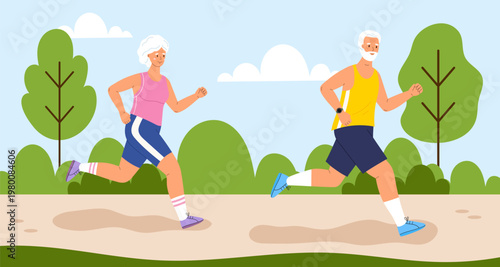 Active senior couple running together on a park path. Elderly man and woman jogging outdoors in sportswear. Healthy lifestyle, retirement fitness, and aging concept.