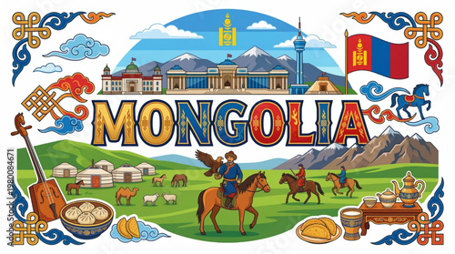 Vector Illustration of Mongolia's Cultural Landmarks and Traditions